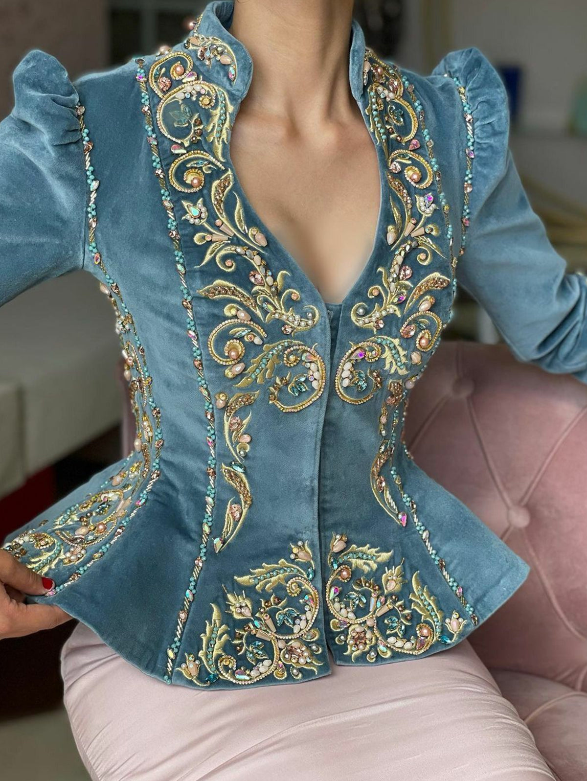 Elegant Floral Deep V Neck Peplum Long Sleeve Velvet Blouse