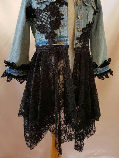 Women's Fashionable Button Up Guipure Lace atchwork Irregular Hem Denim Jacket