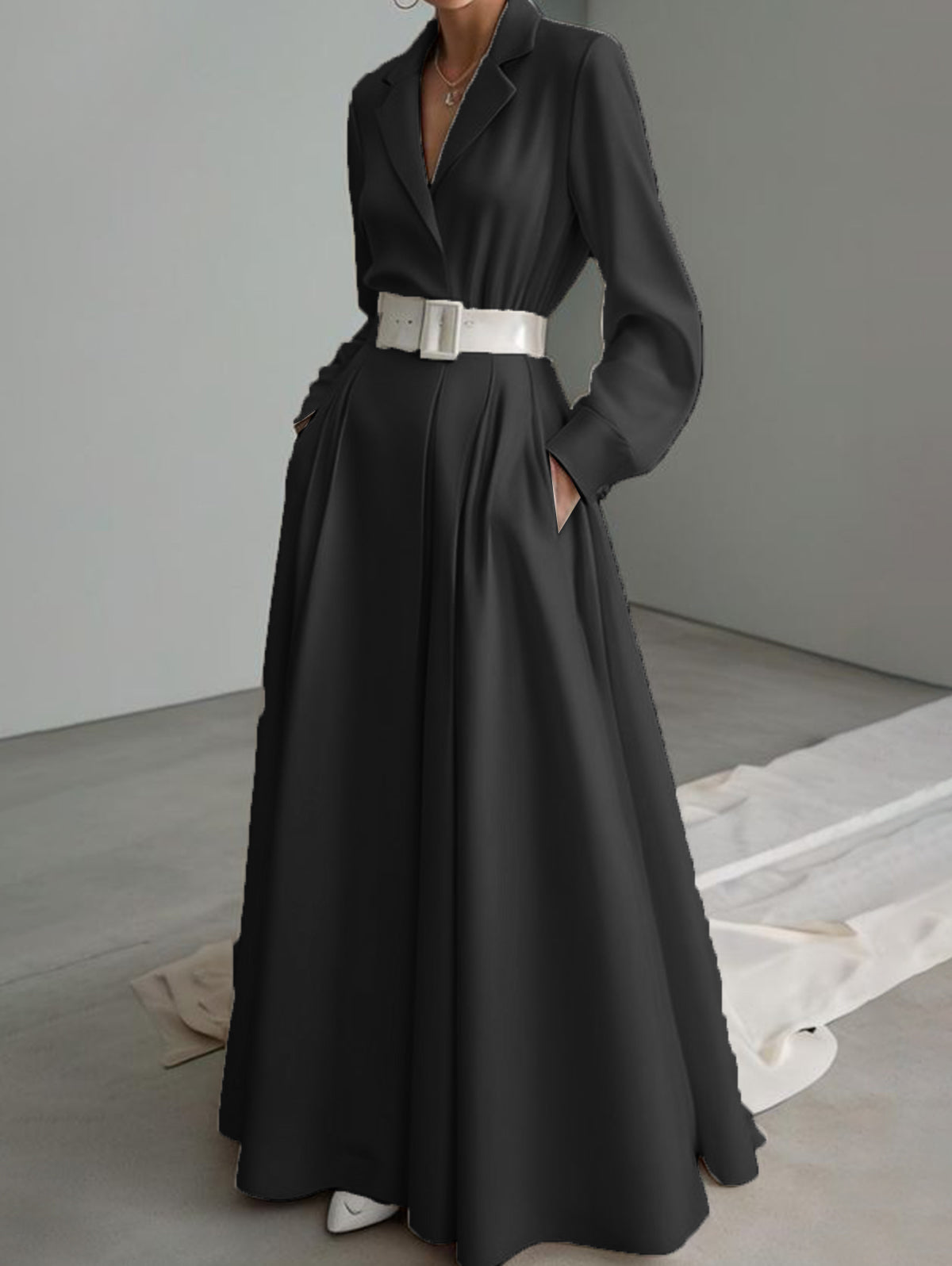 Women's Elegant Notch Lapel Slant Pocket Belt Long Sleeve Maxi Dress