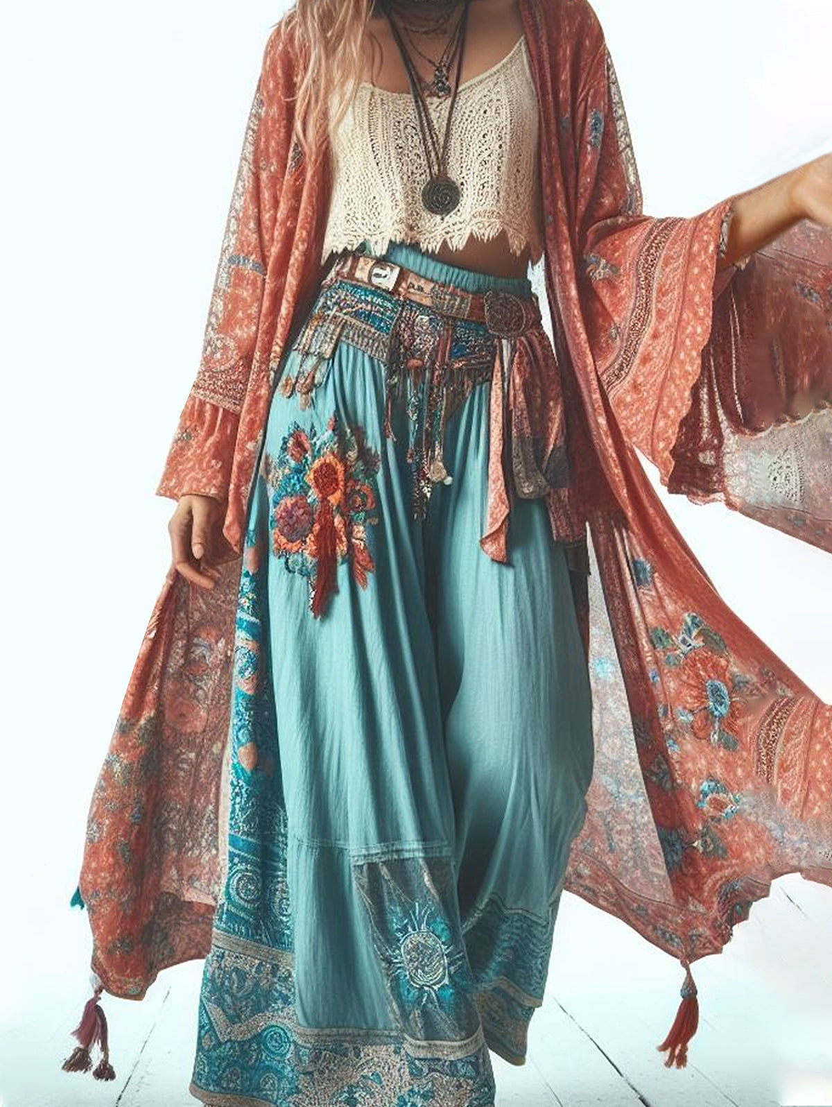 Women's Casual Elastic Waist Floral Embroidery Wide Leg Pants