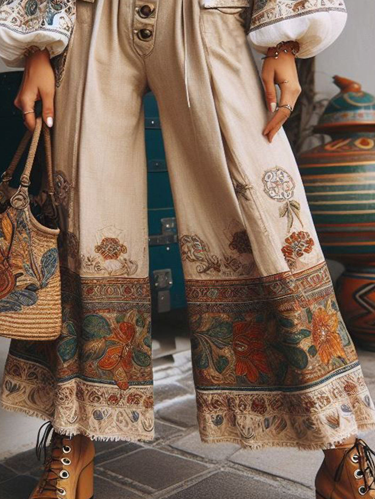 Women's Boho Patchwork High Waist Wide Leg Pocket Pants