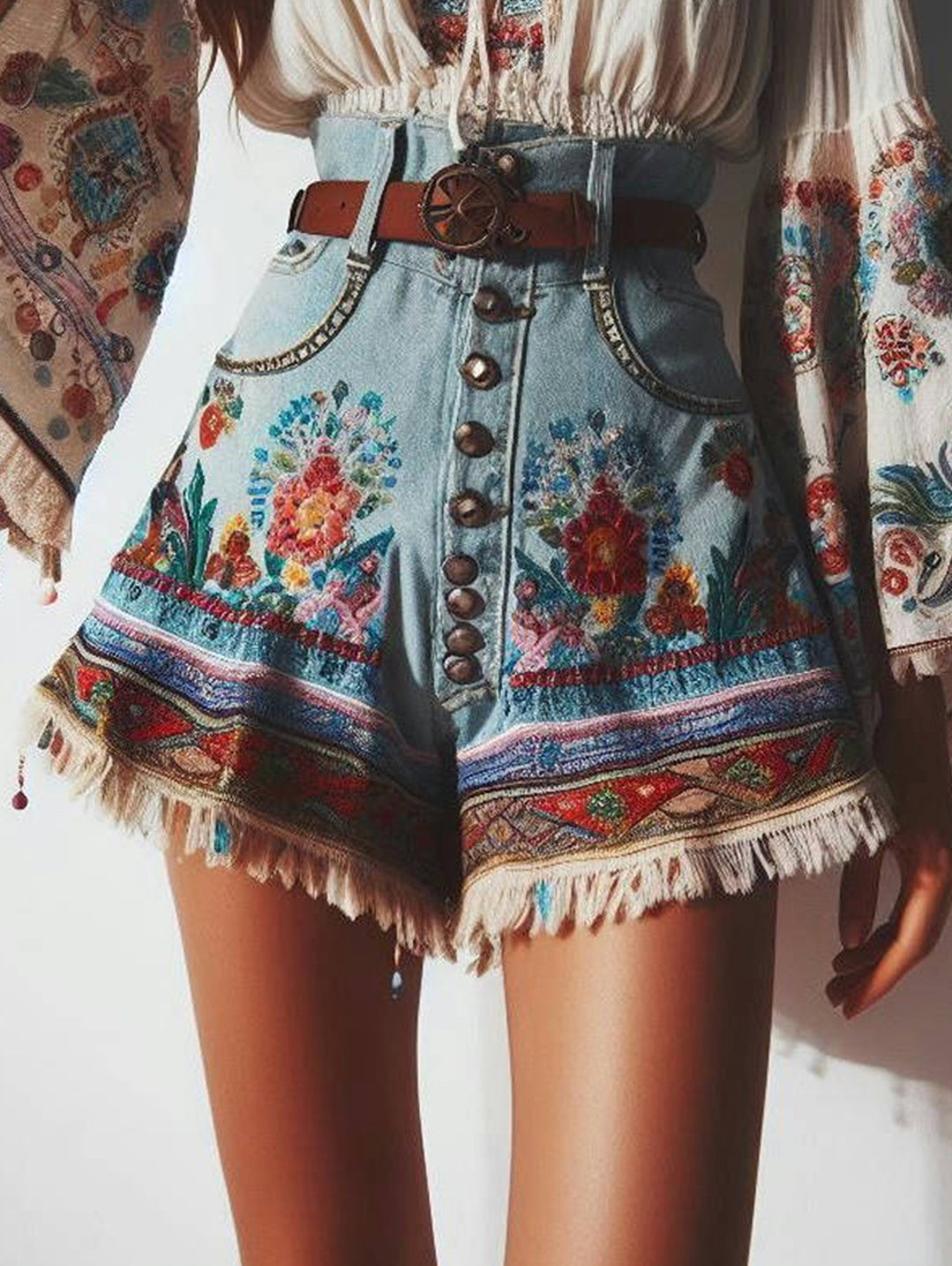 Women's Daily High Waist Fringe Floral Pattern Button Shorts