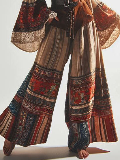 Women's Boho Patchwork High-rise Loose Flare Leg Pants