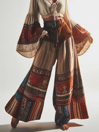 Women's Boho Patchwork High-rise Loose Flare Leg Pants