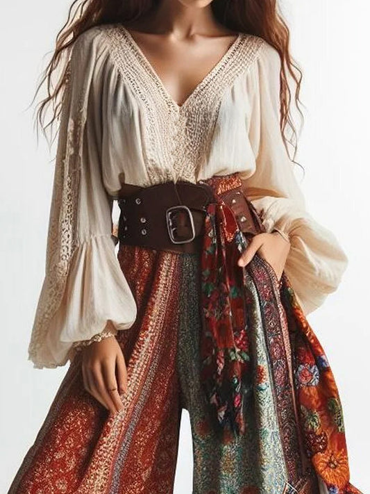 Boho V Neck Lace Lantern Sleeve Solid Blouse