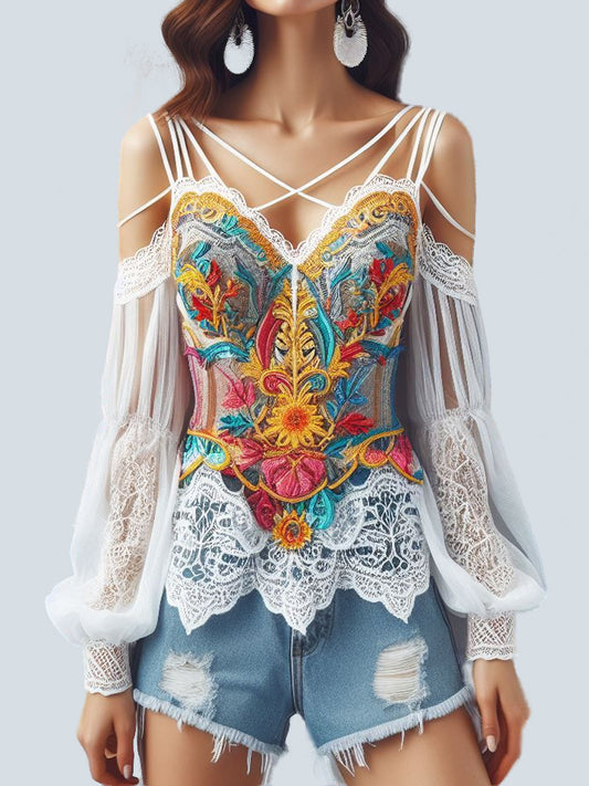 Ursime Boho Floral Cold Shoulder Lace Strappy Blouse