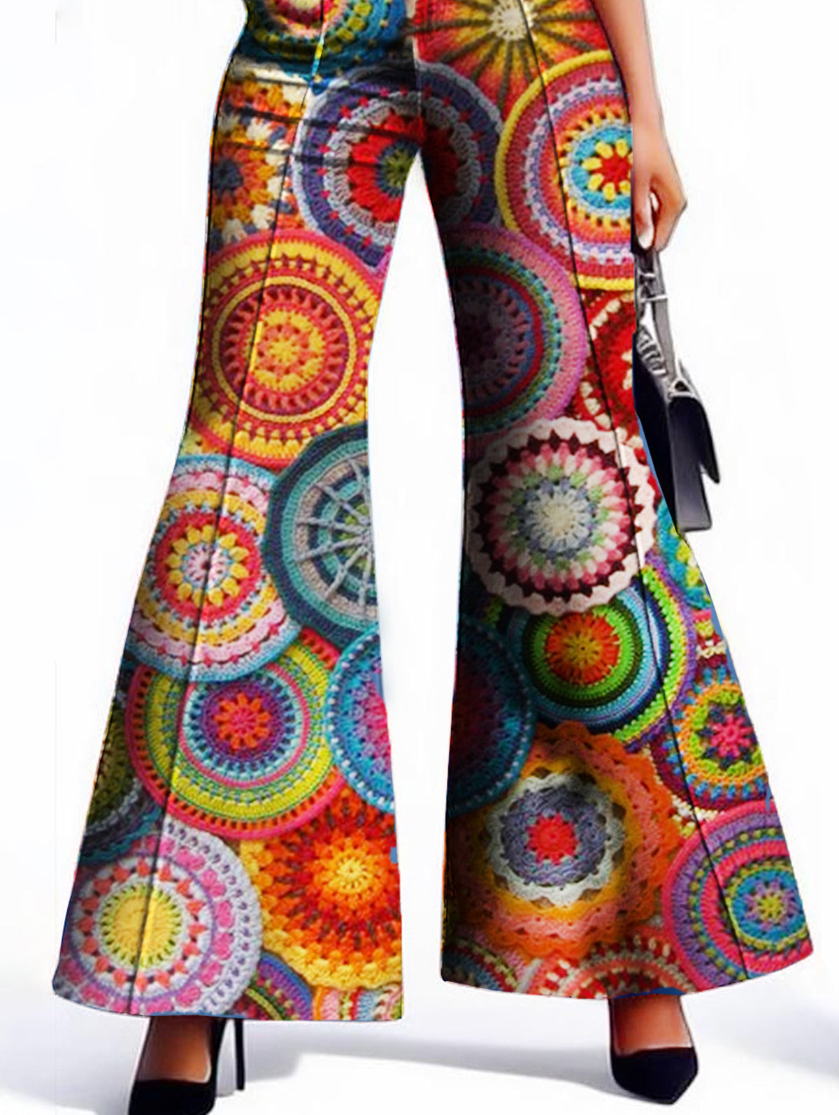 Ursime Boho Allover Pattern Pocket Bell Bottom Pants