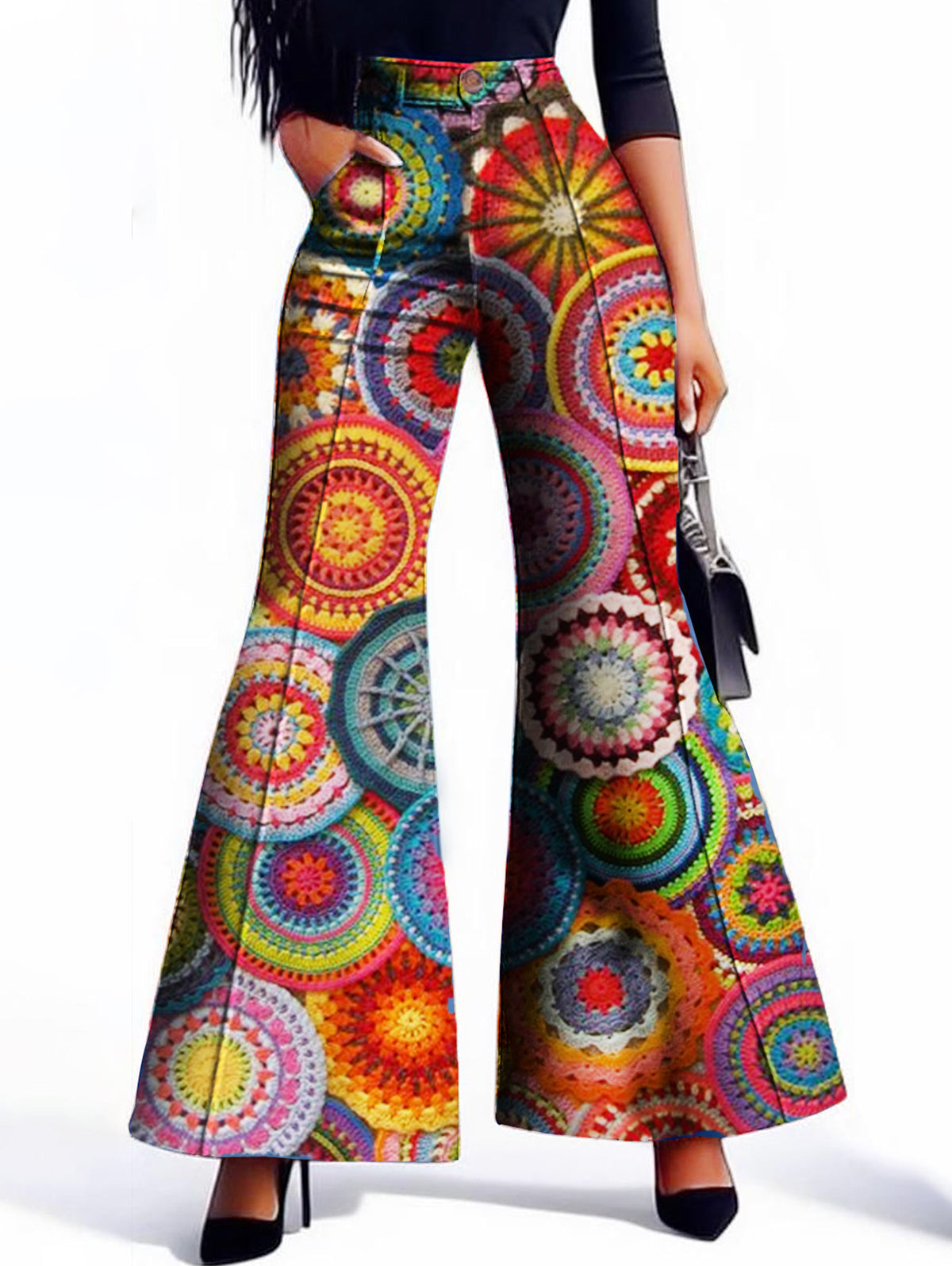 Ursime Boho Allover Pattern Pocket Bell Bottom Pants