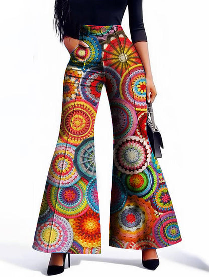 Ursime Boho Allover Pattern Pocket Bell Bottom Pants