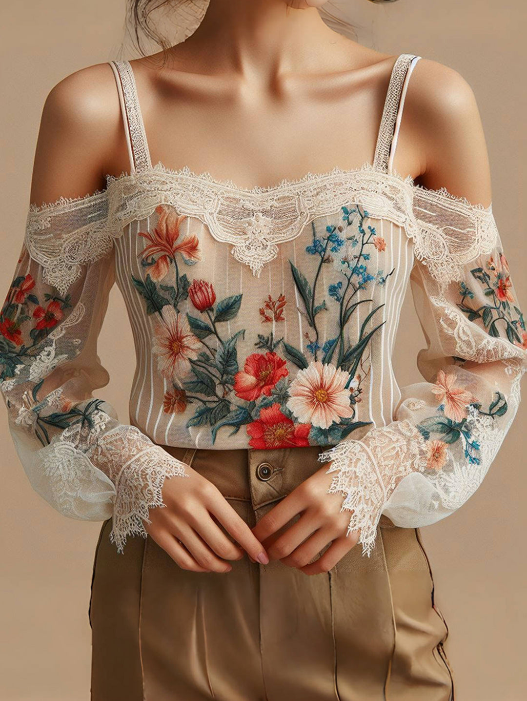 Ursime Lace Floral Plant Pattern Cold Shoulder Blouse