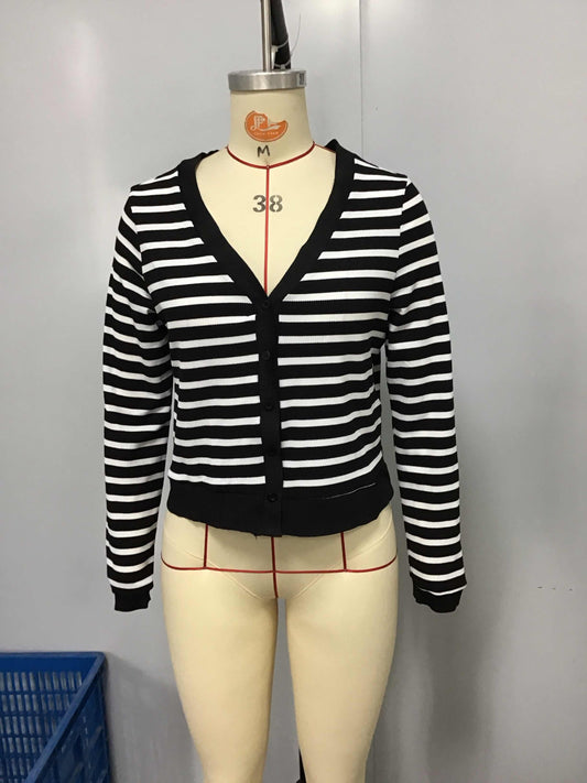 Fall&Winter Long Sleeve Striped V Neck Cardigan for Women