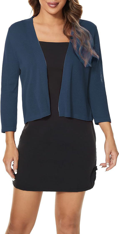 Women's 3/4 Sleeve Tie Open Front Cropped Cardigan